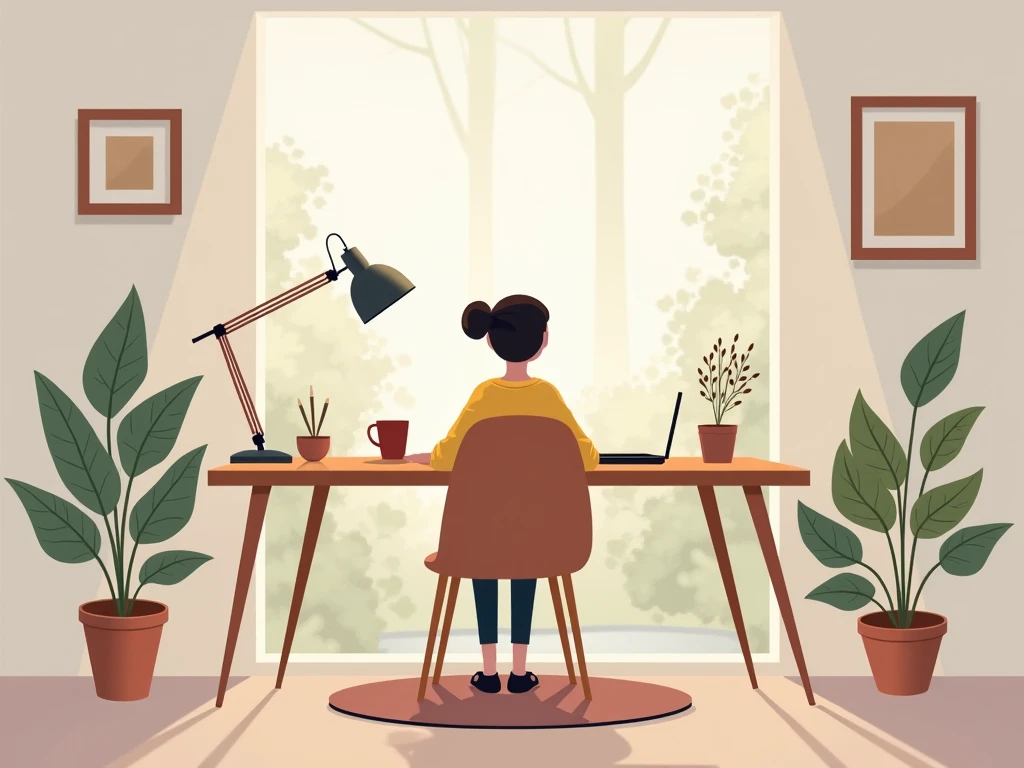 Soft illustration suggesting a calm morning workspace and light